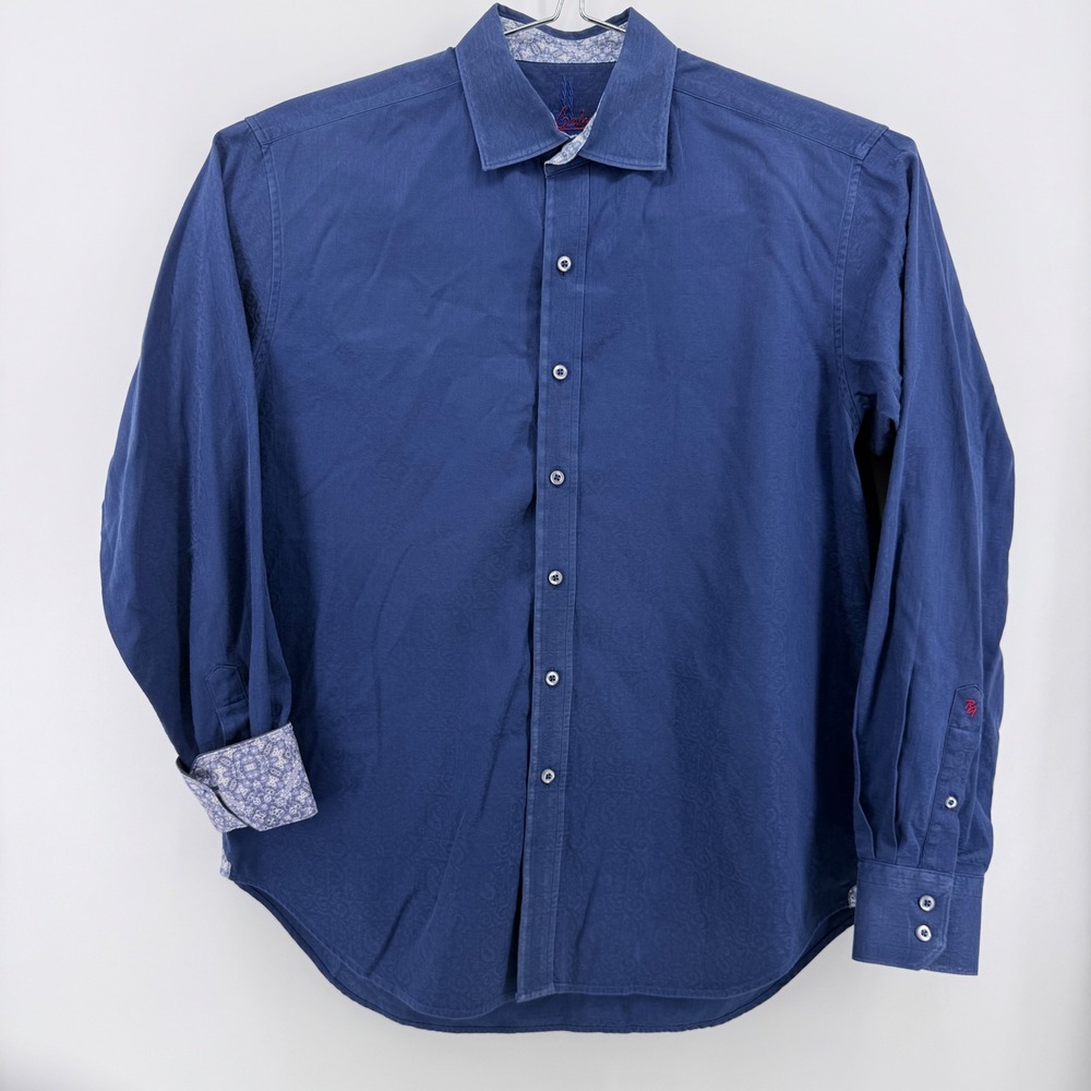 Robert Graham Button Down Mens L Paisley Jacquard 100% Cotton Blue Tonal Pattern